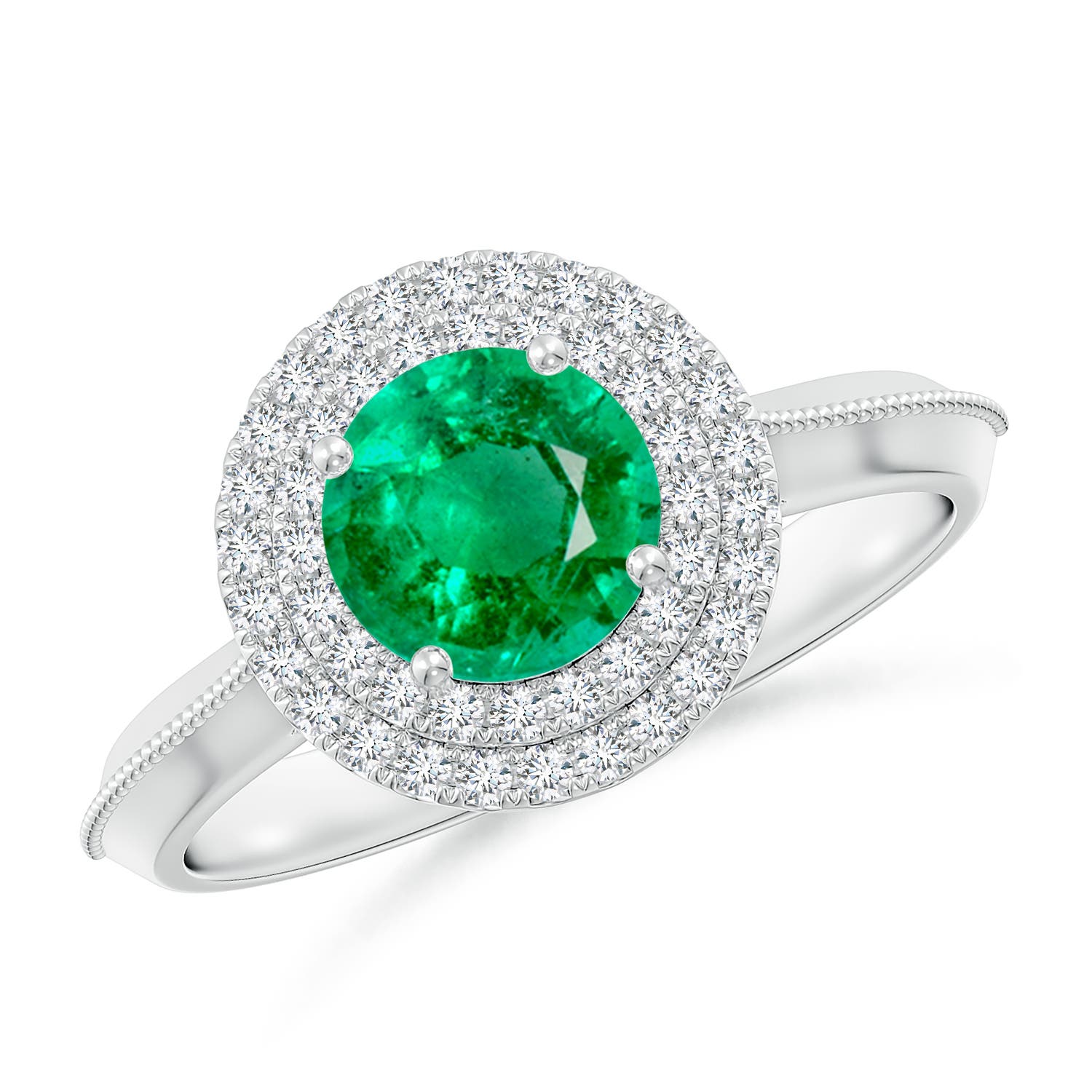 6.5mm AAA Vintage Inspired Round Emerald Double Halo Engagement Ring in White Gold