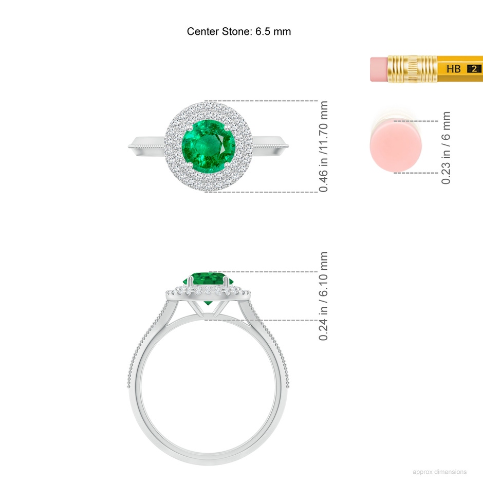 6.5mm AAA Vintage Inspired Round Emerald Double Halo Engagement Ring in White Gold ruler