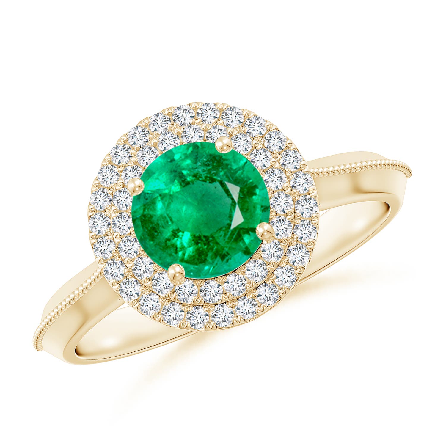 6.5mm AAA Vintage Inspired Round Emerald Double Halo Engagement Ring in Yellow Gold