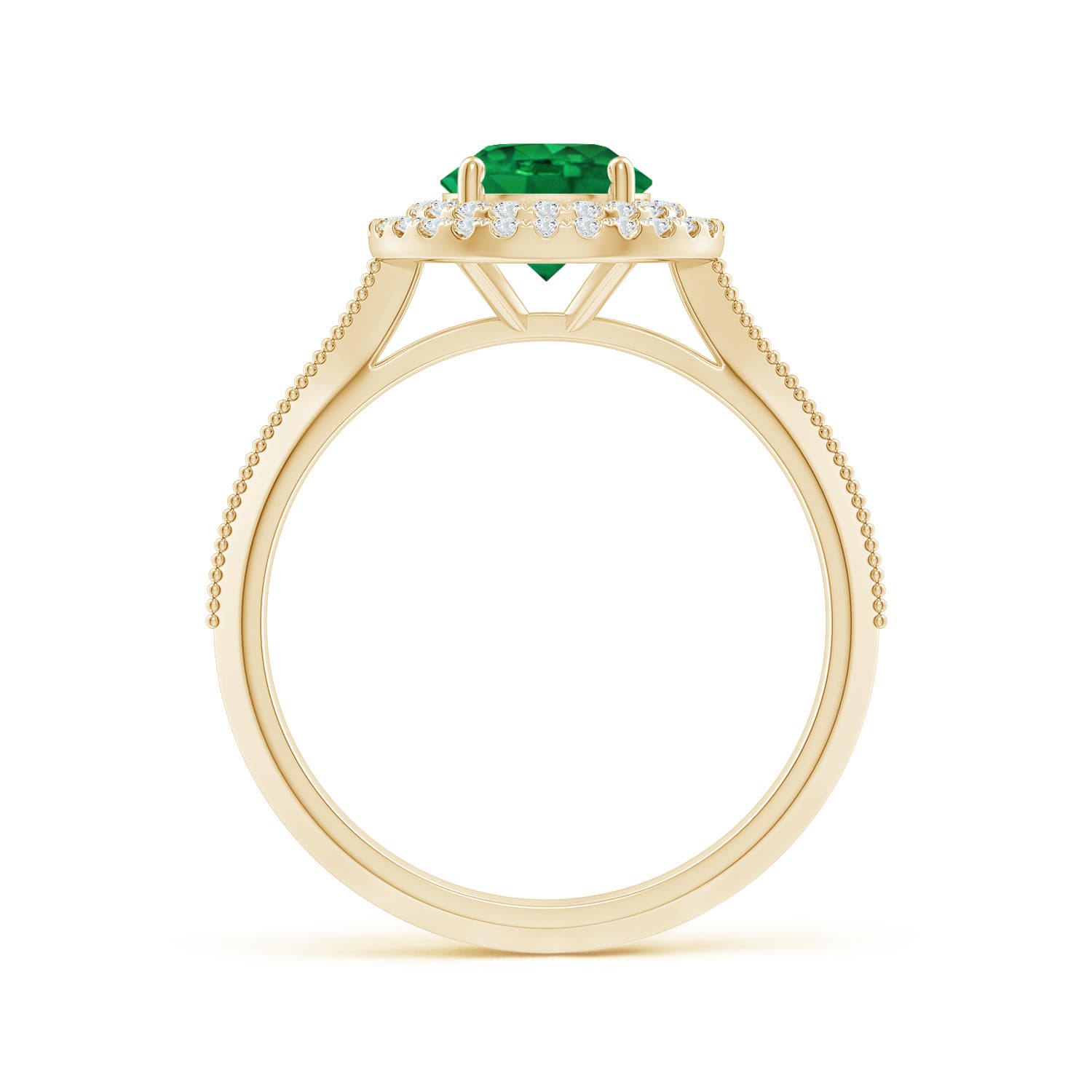 6.5mm AAA Vintage Inspired Round Emerald Double Halo Engagement Ring in Yellow Gold