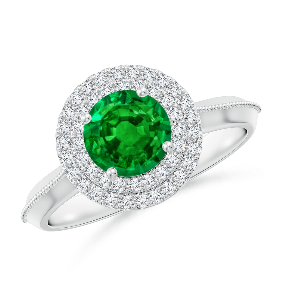 6.5mm AAAA Vintage Inspired Round Emerald Double Halo Engagement Ring in P950 Platinum 