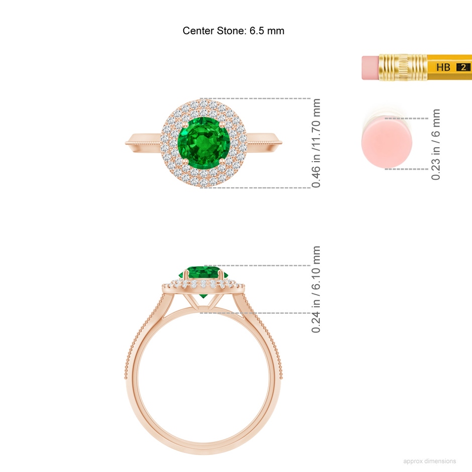 6.5mm AAAA Vintage Inspired Round Emerald Double Halo Engagement Ring in Rose Gold ruler