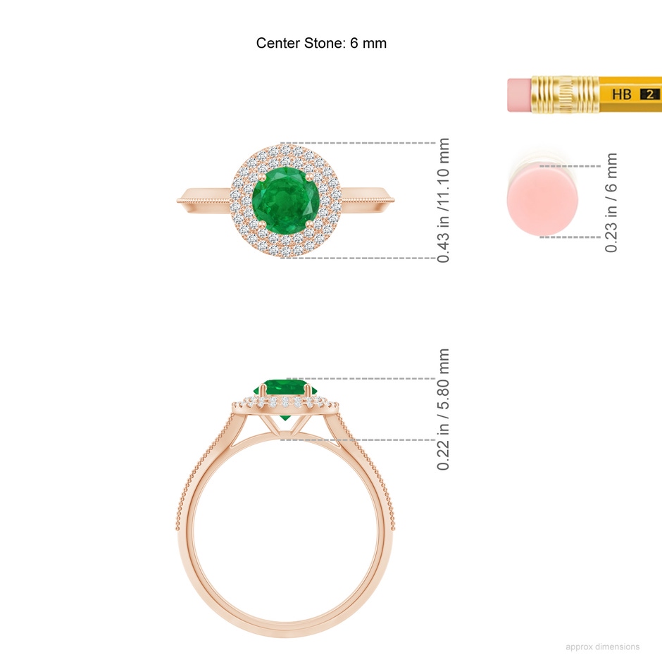 6mm AA Vintage Inspired Round Emerald Double Halo Engagement Ring in Rose Gold ruler