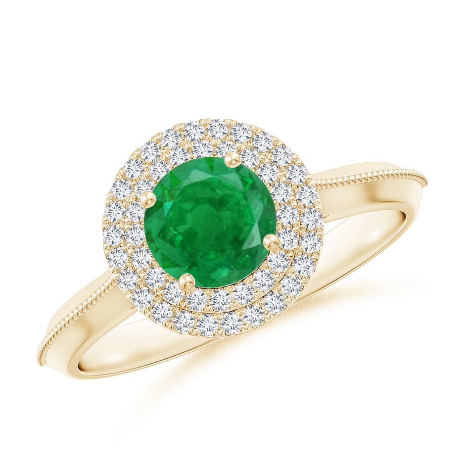 6mm AA Vintage Inspired Round Emerald Double Halo Engagement Ring in Yellow Gold 