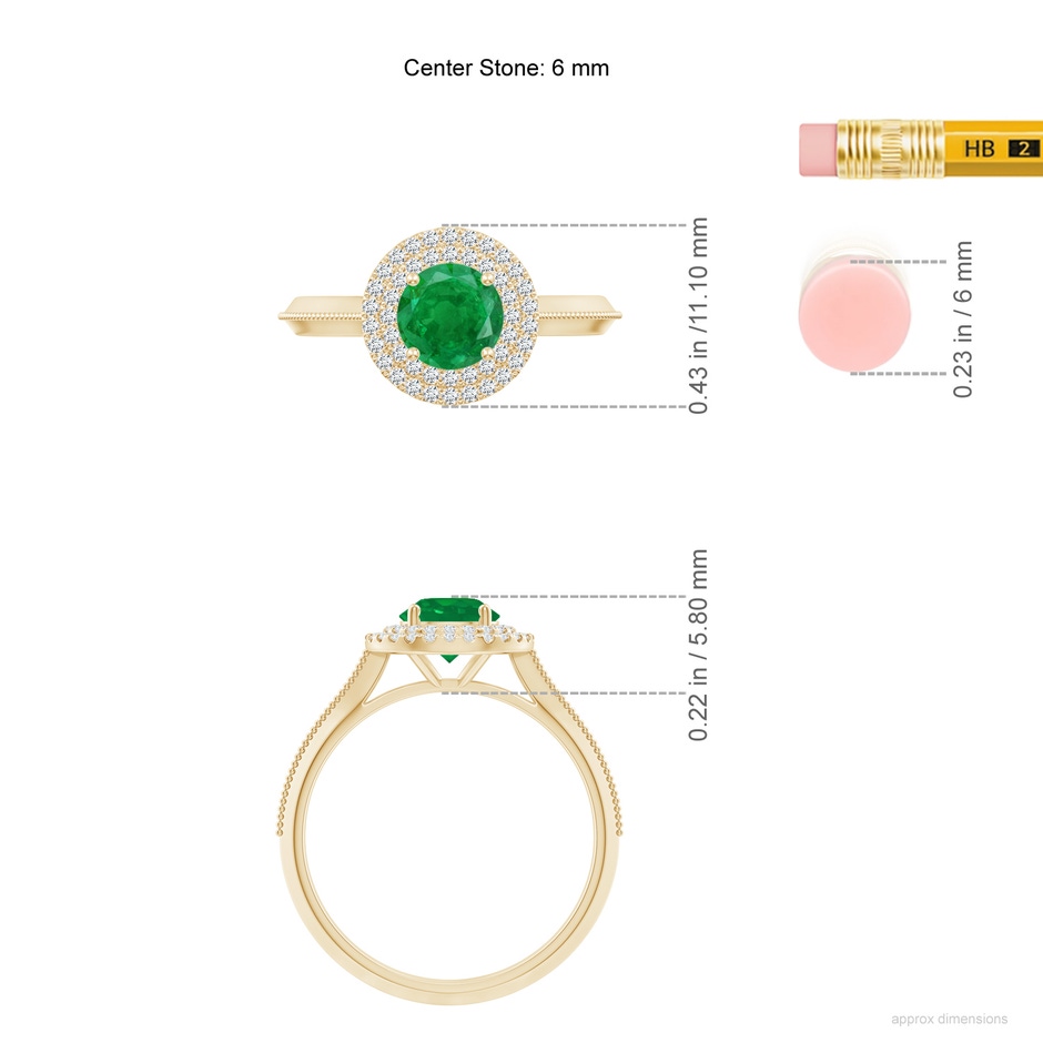 6mm AA Vintage Inspired Round Emerald Double Halo Engagement Ring in Yellow Gold ruler