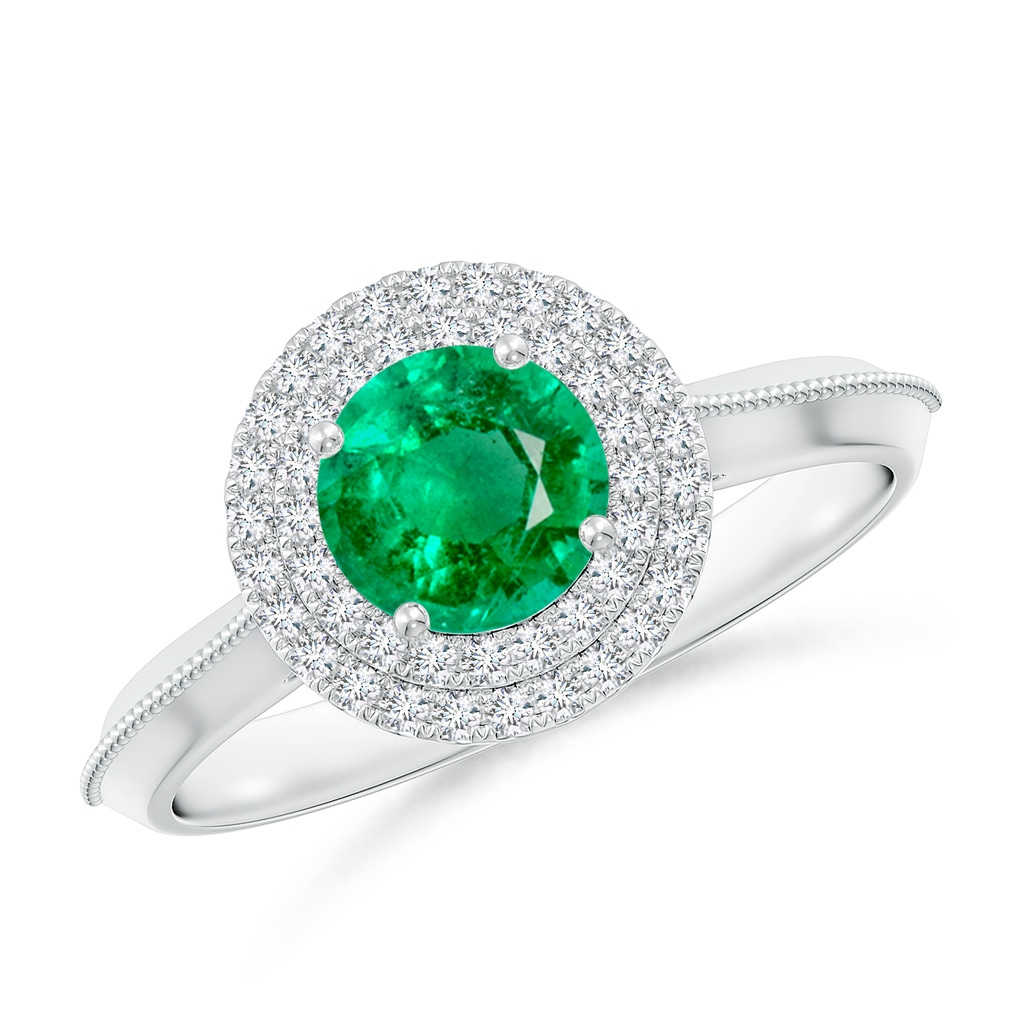 6mm AAA Vintage Inspired Round Emerald Double Halo Engagement Ring in White Gold