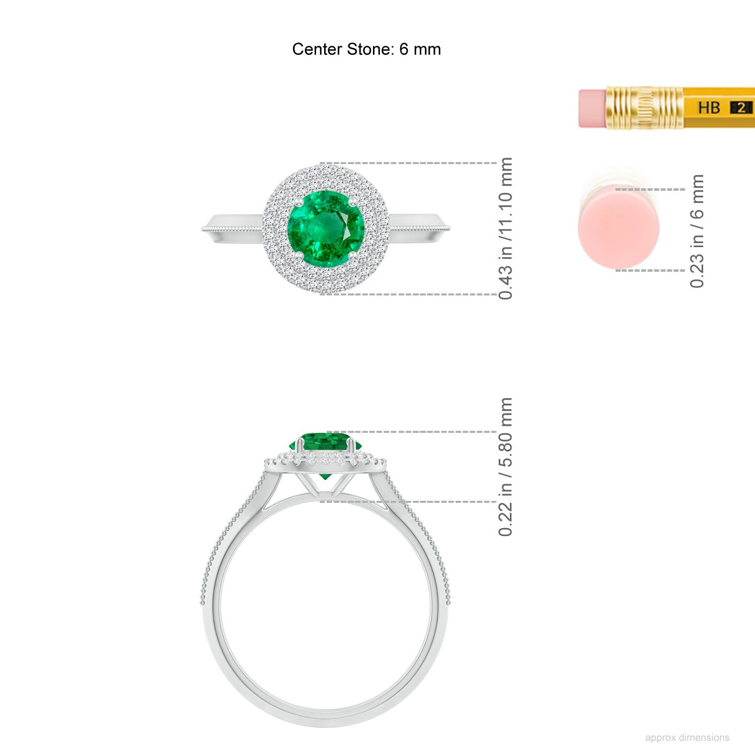 6mm AAA Vintage Inspired Round Emerald Double Halo Engagement Ring in White Gold - ruler