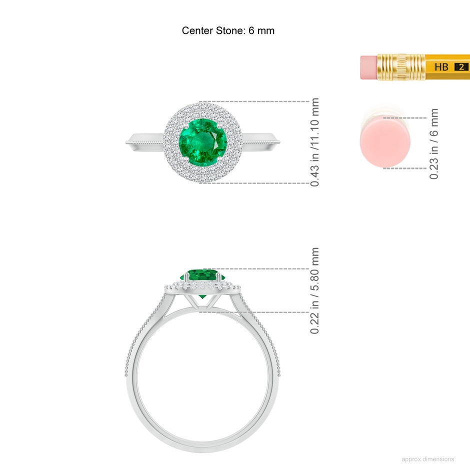 6mm AAA Vintage Inspired Round Emerald Double Halo Engagement Ring in White Gold ruler