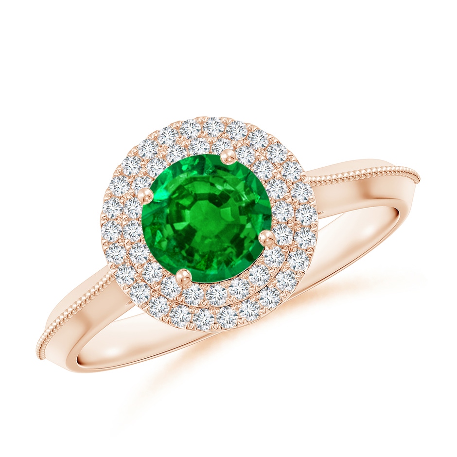 6mm AAAA Vintage Inspired Round Emerald Double Halo Engagement Ring in Rose Gold 