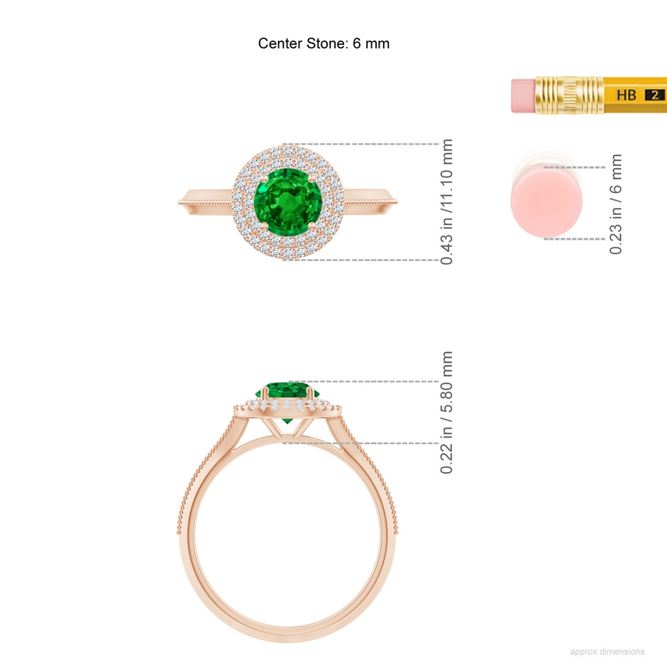 6mm AAAA Vintage Inspired Round Emerald Double Halo Engagement Ring in Rose Gold ruler