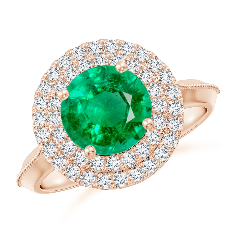 8mm AAA Vintage Inspired Round Emerald Double Halo Engagement Ring in Rose Gold 