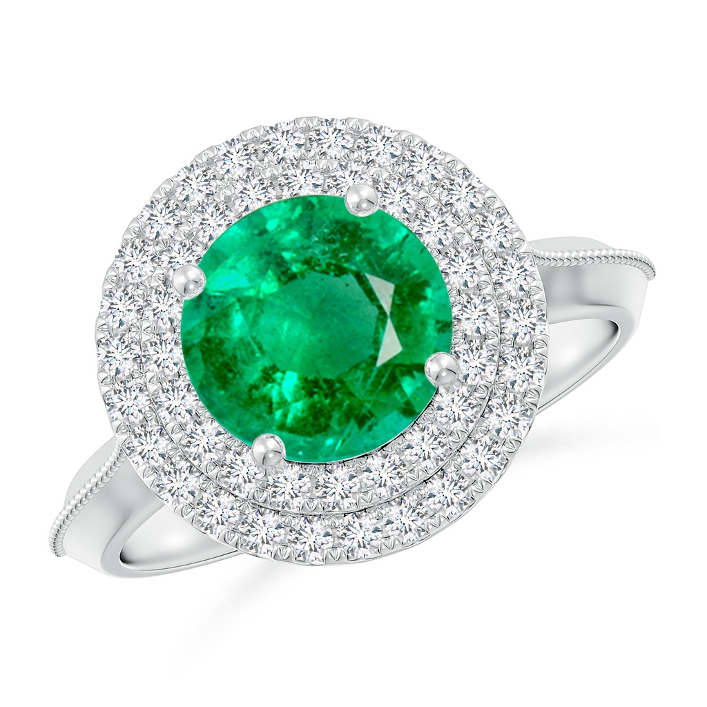 8mm AAA Vintage Inspired Round Emerald Double Halo Engagement Ring in White Gold