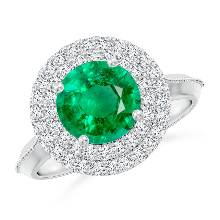 8mm AAA Vintage Inspired Round Emerald Double Halo Engagement Ring in White Gold 