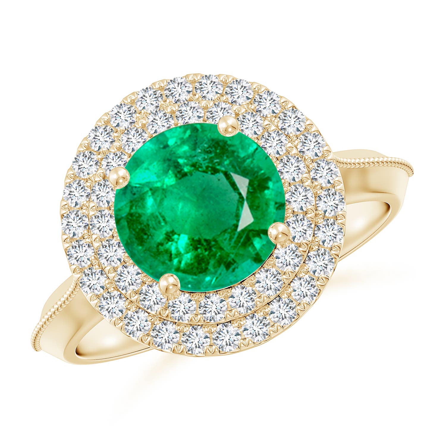8mm AAA Vintage Inspired Round Emerald Double Halo Engagement Ring in Yellow Gold