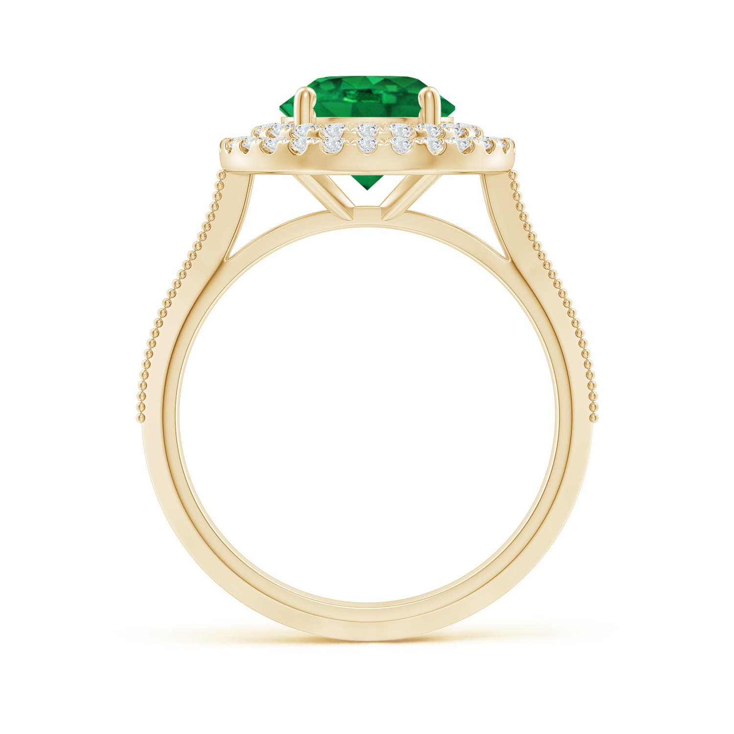 8mm AAA Vintage Inspired Round Emerald Double Halo Engagement Ring in Yellow Gold