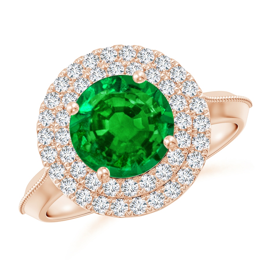 8mm AAAA Vintage Inspired Round Emerald Double Halo Engagement Ring in 18K Rose Gold 