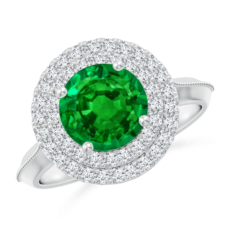 8mm AAAA Vintage Inspired Round Emerald Double Halo Engagement Ring in P950 Platinum 
