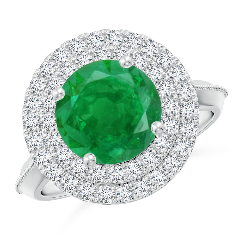 9mm AA Vintage Inspired Round Emerald Double Halo Engagement Ring in P950 Platinum 