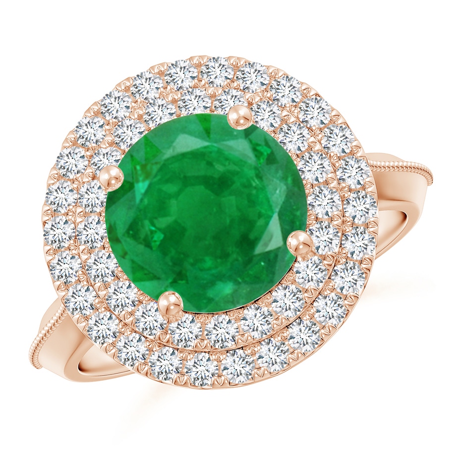 9mm AA Vintage Inspired Round Emerald Double Halo Engagement Ring in Rose Gold 