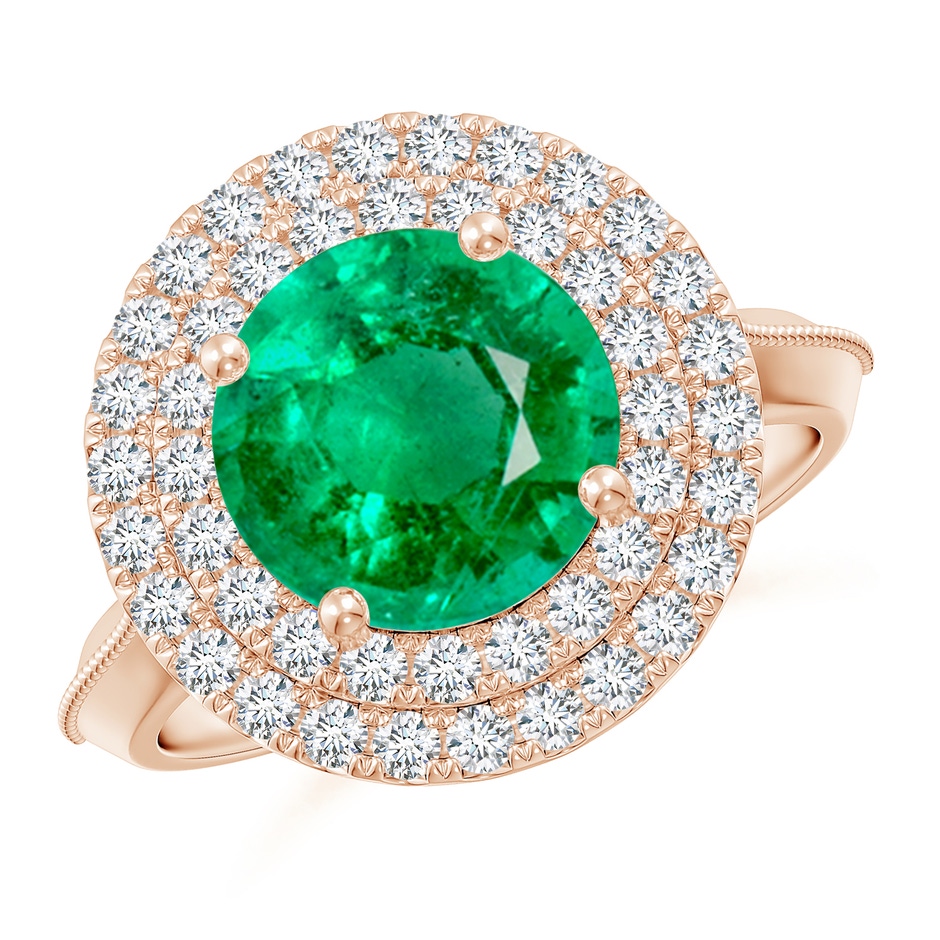 9mm AAA Vintage Inspired Round Emerald Double Halo Engagement Ring in 18K Rose Gold 