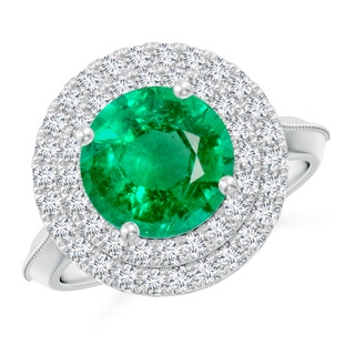 9mm AAA Vintage Inspired Round Emerald Double Halo Engagement Ring in P950 Platinum