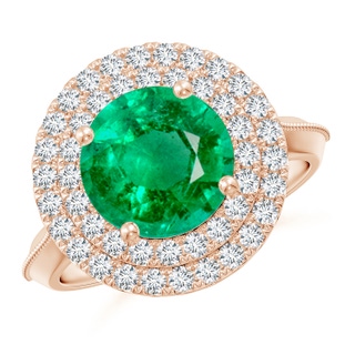 9mm AAA Vintage Inspired Round Emerald Double Halo Engagement Ring in Rose Gold