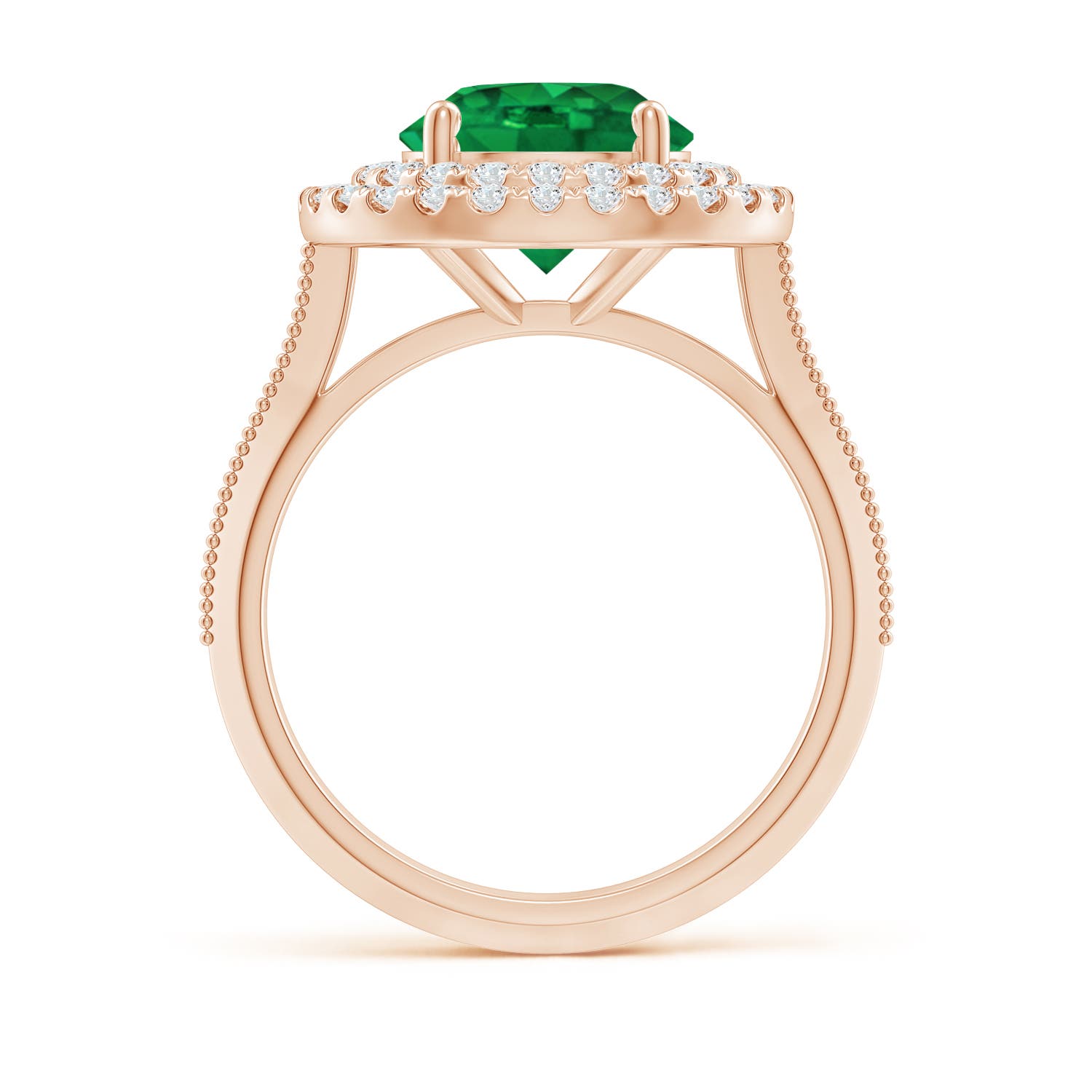 9mm AAA Vintage Inspired Round Emerald Double Halo Engagement Ring in Rose Gold