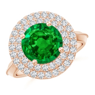 9mm AAAA Vintage Inspired Round Emerald Double Halo Engagement Ring in 18K Rose Gold