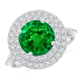 9mm AAAA Vintage Inspired Round Emerald Double Halo Engagement Ring in P950 Platinum