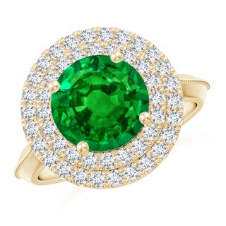 9mm AAAA Vintage Inspired Round Emerald Double Halo Engagement Ring in Yellow Gold