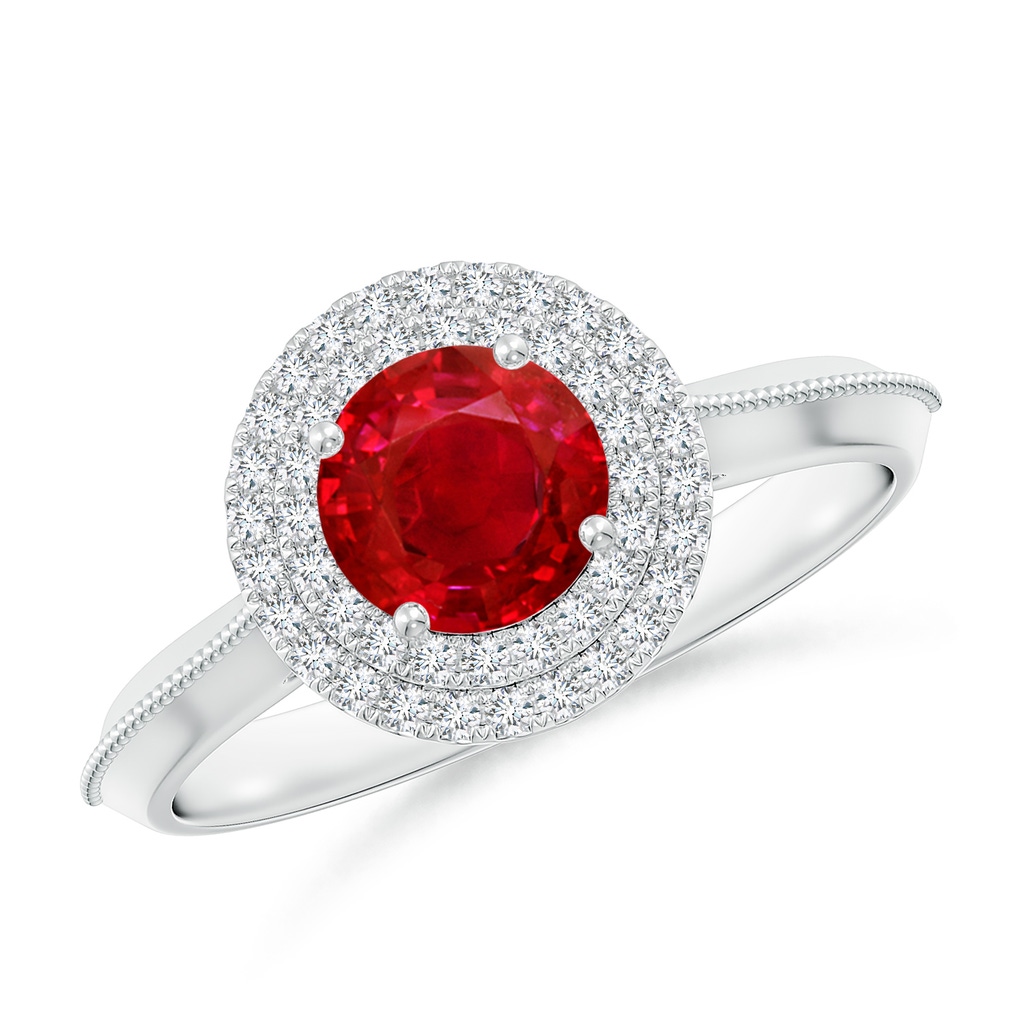 6mm AAA Vintage Inspired Round Ruby Double Halo Engagement Ring in White Gold