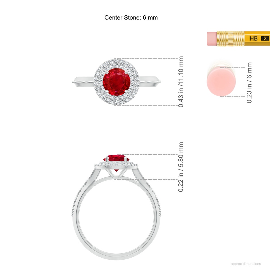 6mm AAA Vintage Inspired Round Ruby Double Halo Engagement Ring in White Gold ruler