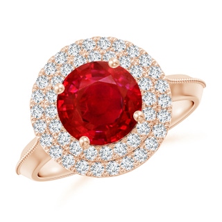 8mm AAA Vintage Inspired Round Ruby Double Halo Engagement Ring in 18K Rose Gold