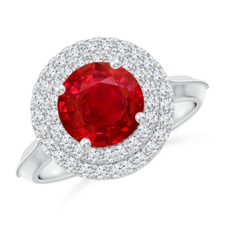 8mm AAA Vintage Inspired Round Ruby Double Halo Engagement Ring in P950 Platinum