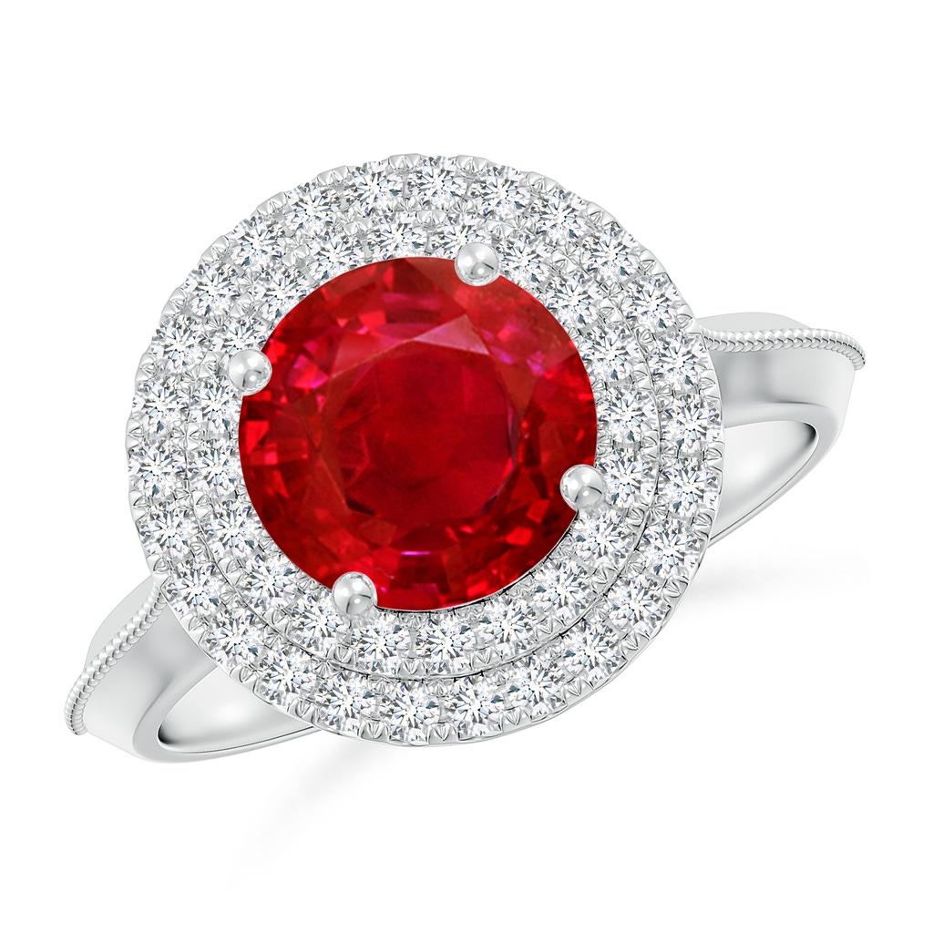 8mm AAA Vintage Inspired Round Ruby Double Halo Engagement Ring in White Gold