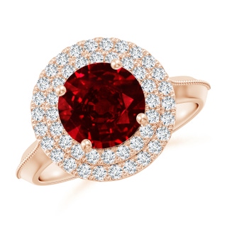 8mm AAAA Vintage Inspired Round Ruby Double Halo Engagement Ring in 18K Rose Gold