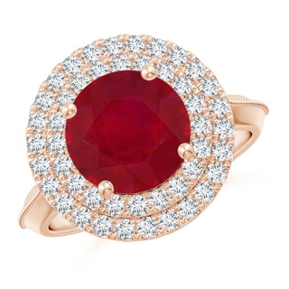 9mm AA Vintage Inspired Round Ruby Double Halo Engagement Ring in Rose Gold