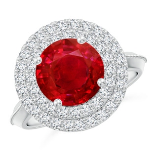 9mm AAA Vintage Inspired Round Ruby Double Halo Engagement Ring in P950 Platinum