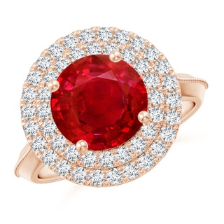 9mm AAA Vintage Inspired Round Ruby Double Halo Engagement Ring in Rose Gold