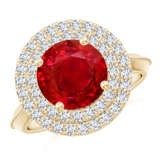 9mm AAA Vintage Inspired Round Ruby Double Halo Engagement Ring in Yellow Gold