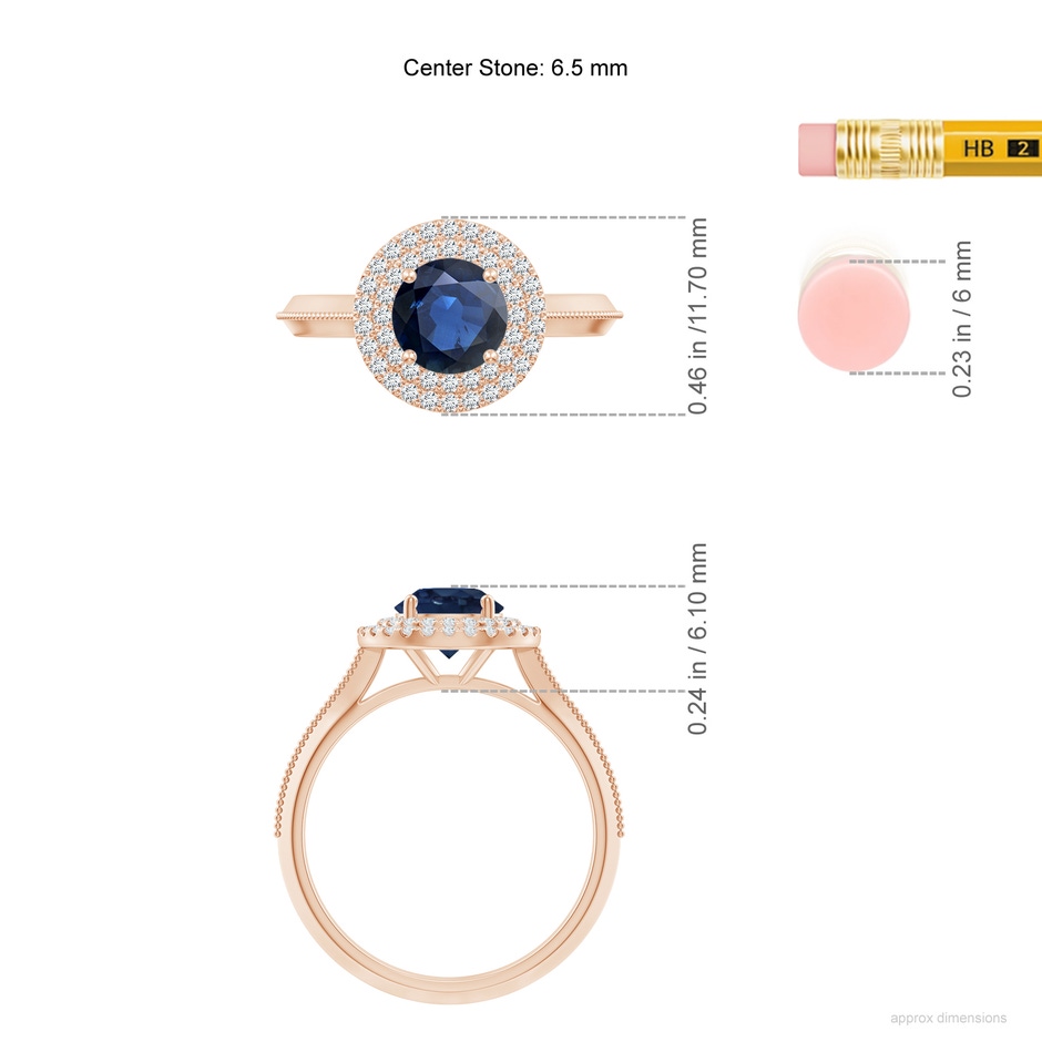 6.5mm AA Vintage Inspired Round Blue Sapphire Double Halo Engagement Ring in Rose Gold ruler