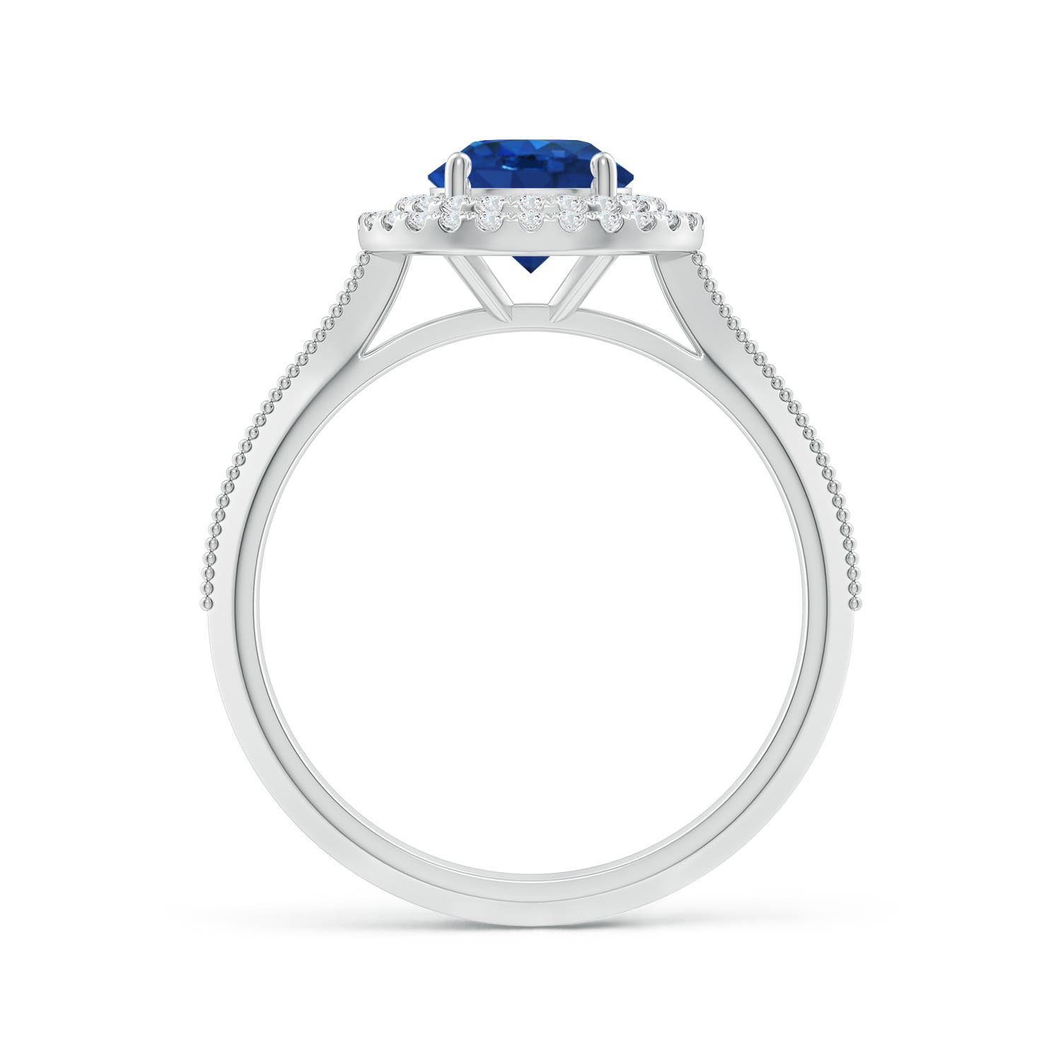 6.5mm AAA Vintage Inspired Round Blue Sapphire Double Halo Engagement Ring in 18K White Gold