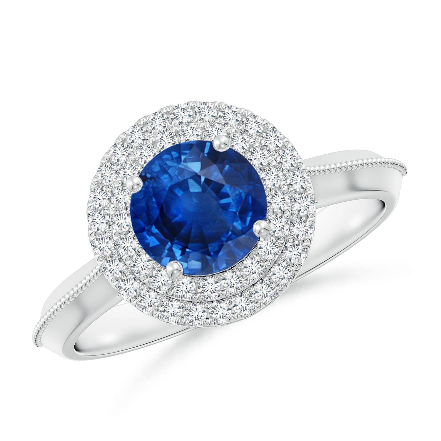6.5mm AAA Vintage Inspired Round Blue Sapphire Double Halo Engagement Ring in White Gold