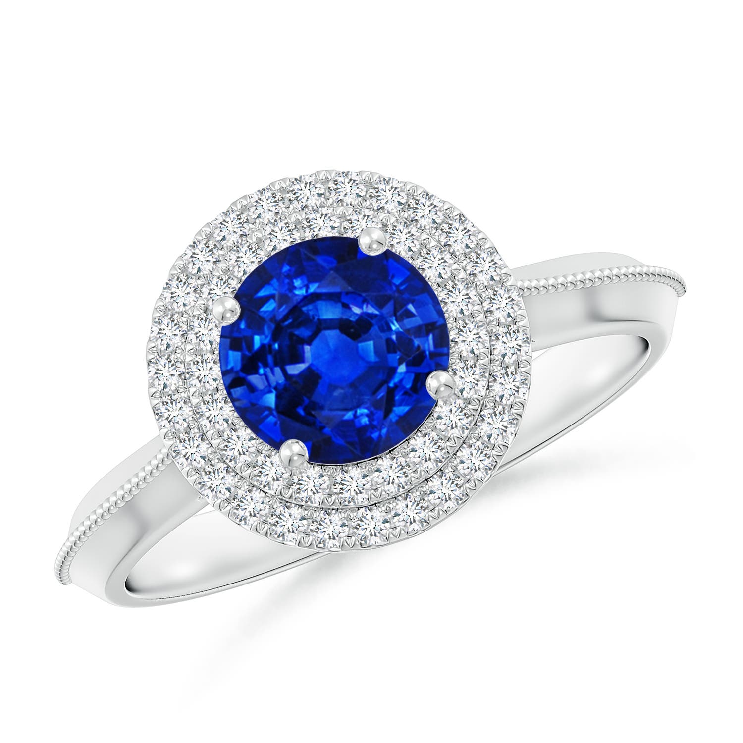 6.5mm AAAA Vintage Inspired Round Blue Sapphire Double Halo Engagement Ring in White Gold
