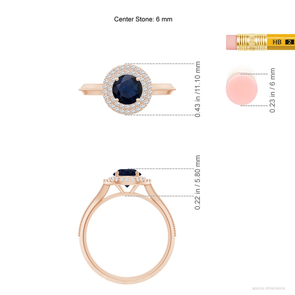 6mm A Vintage Inspired Round Blue Sapphire Double Halo Engagement Ring in Rose Gold ruler