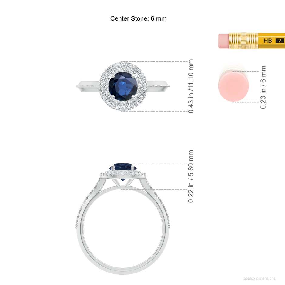 6mm AA Vintage Inspired Round Blue Sapphire Double Halo Engagement Ring in White Gold ruler