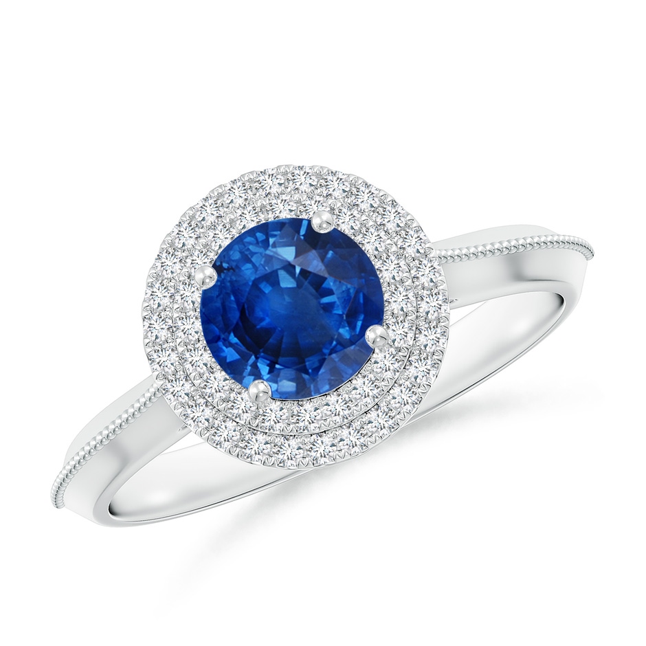 6mm AAA Vintage Inspired Round Blue Sapphire Double Halo Engagement Ring in 18K White Gold 