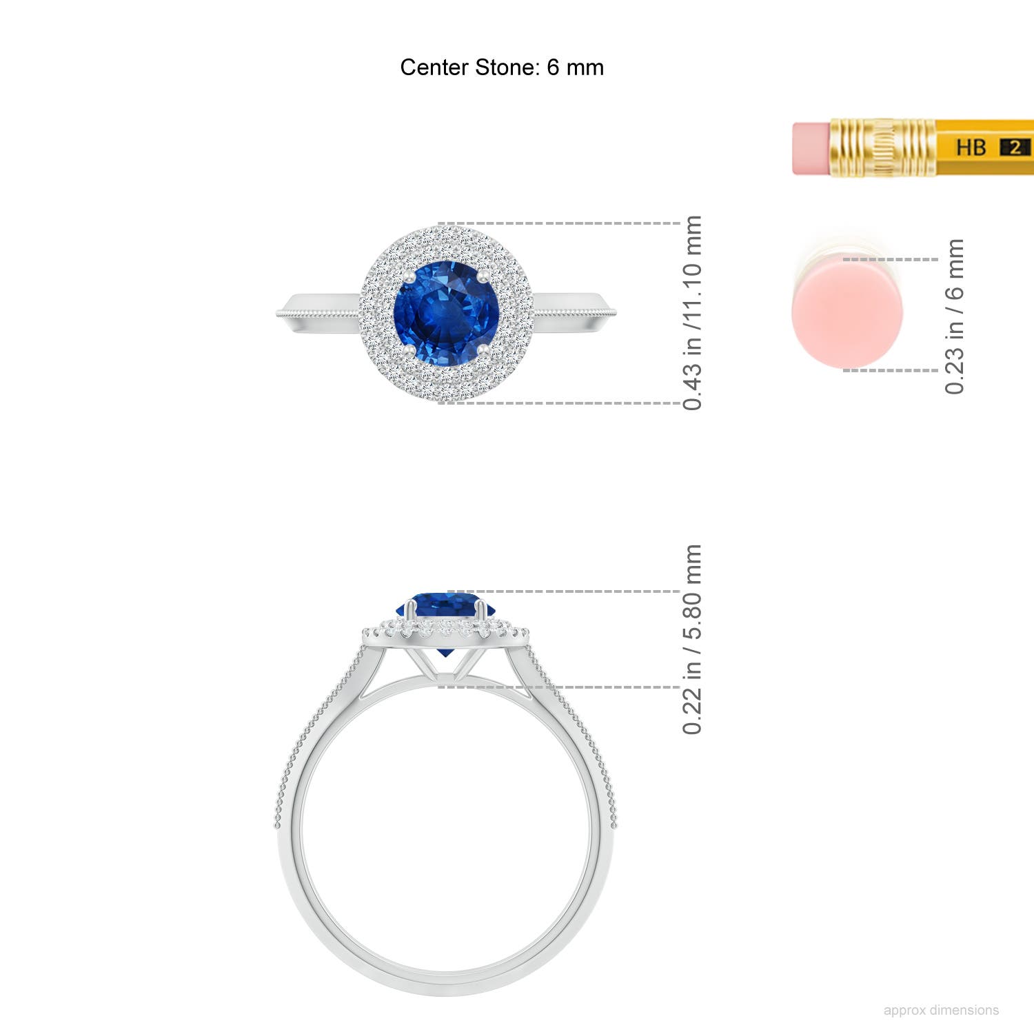 6mm AAA Vintage Inspired Round Blue Sapphire Double Halo Engagement Ring in 18K White Gold - ruler