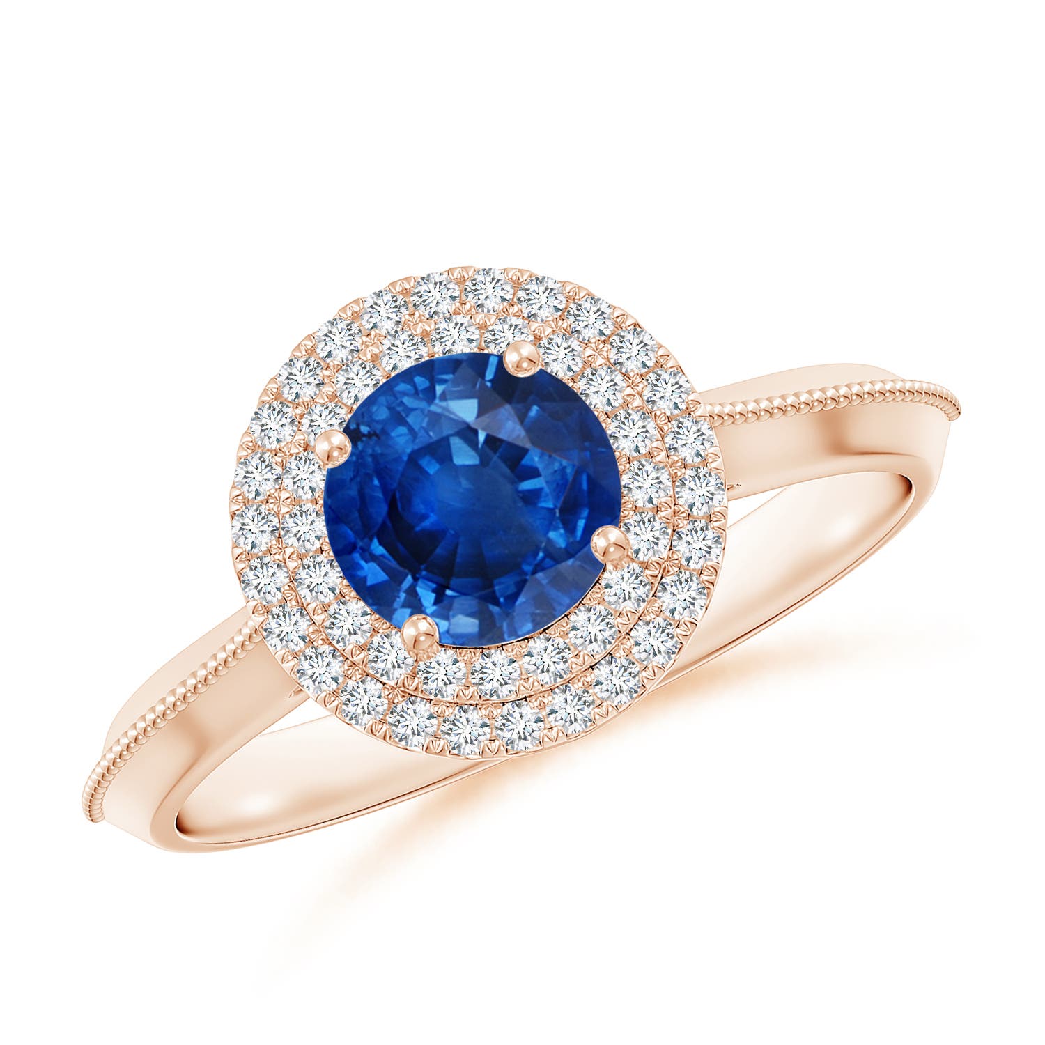 6mm AAA Vintage Inspired Round Blue Sapphire Double Halo Engagement Ring in Rose Gold