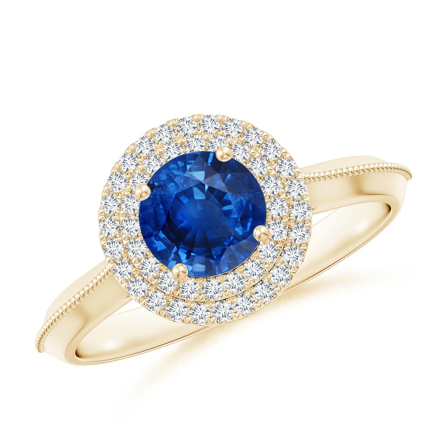 6mm AAA Vintage Inspired Round Blue Sapphire Double Halo Engagement Ring in Yellow Gold